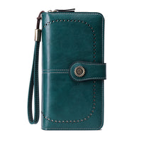 Women RFID Blocking Wallet PU Leather Purse Credit Card Holder Coin Purse with Wrist Strap Peacock Blue