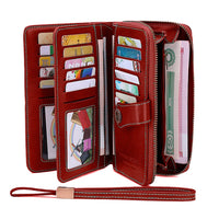 Women RFID Blocking Wallet PU Leather Purse Credit Card Holder Coin Purse with Wrist Strap Wine Red