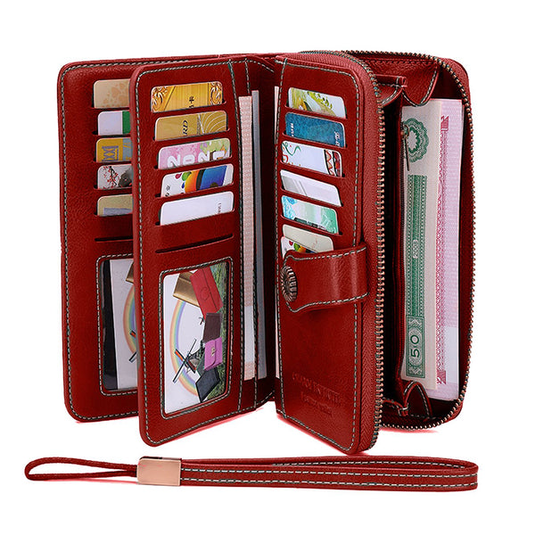 Women RFID Blocking Wallet PU Leather Purse Credit Card Holder Coin Purse with Wrist Strap Wine Red