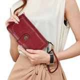 Women RFID Blocking Wallet PU Leather Purse Credit Card Holder Coin Purse with Wrist Strap Wine Red