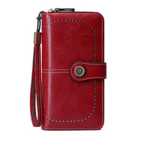Women RFID Blocking Wallet PU Leather Purse Credit Card Holder Coin Purse with Wrist Strap Wine Red