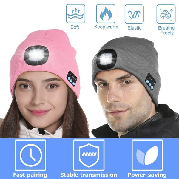 2 in 1 Unisex Beanie Rechargeable Wireless Bluetooth Musical Hat Knitted Hat with LED Flashlight